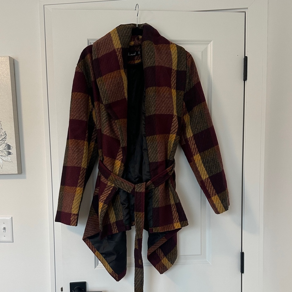 Amazon Women's Plaid Cape Jacket - Burgundy and Mustard
